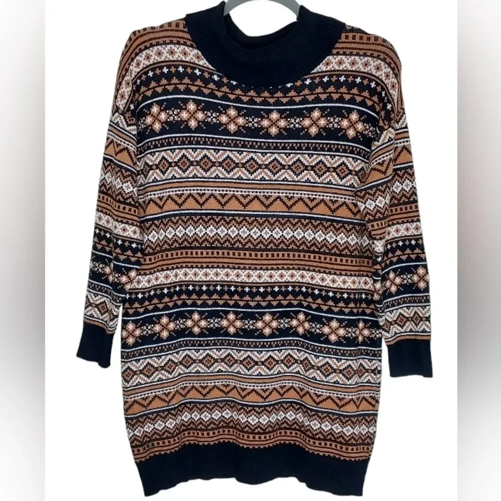 Forever 21+ Womens Plus Size 3X Fair Isle Sweater Mock Neck Dress Tunic - Picture 2 of 6